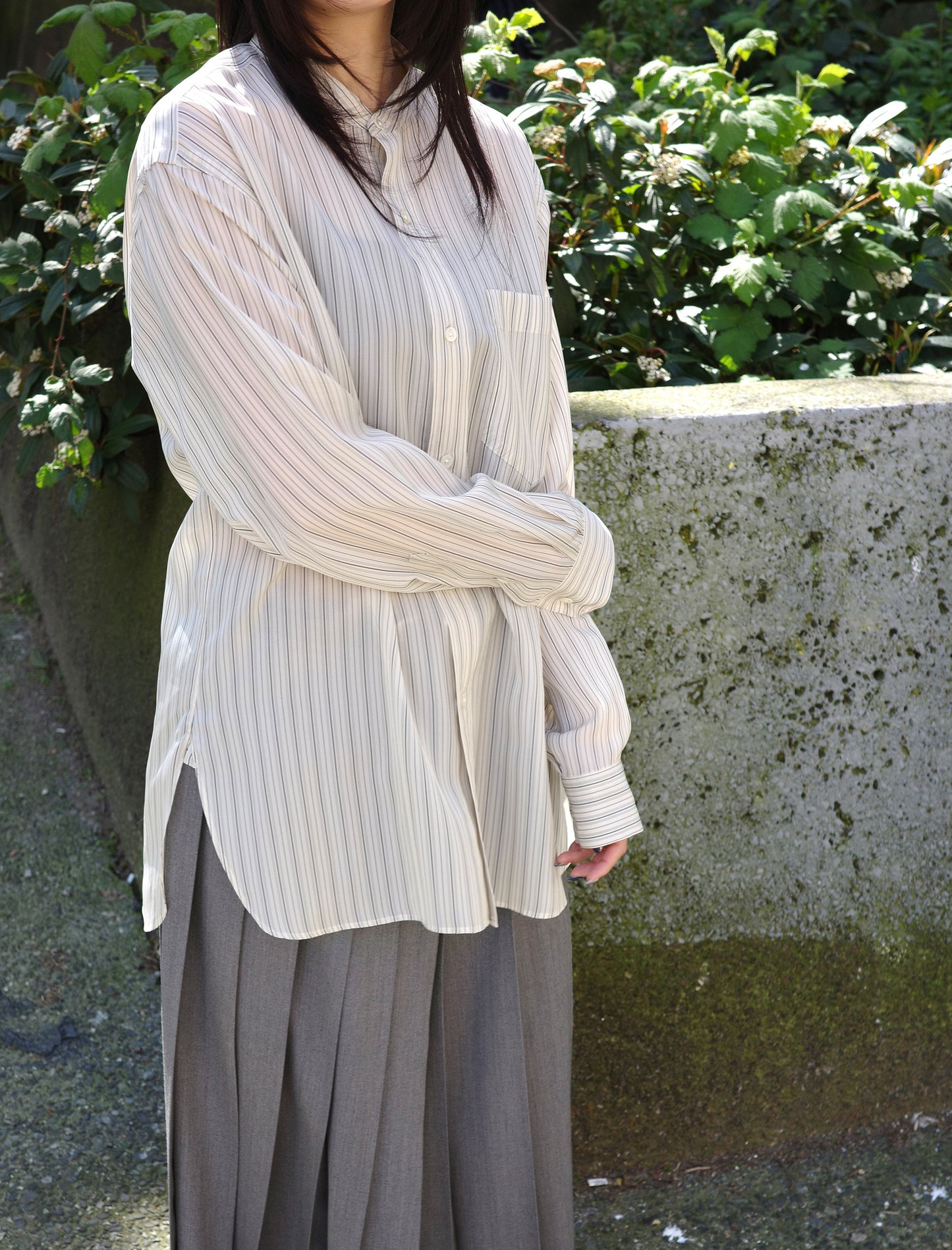 YLEVE Acetate Cupra Stand Collar Shirt - Stripe