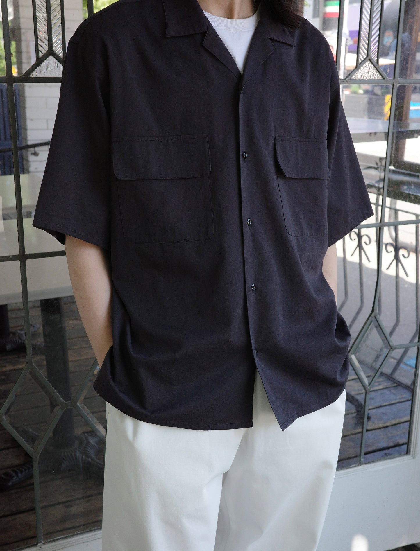 Y Organic Cotton Washer Satin Open Collar Shirt - Navy