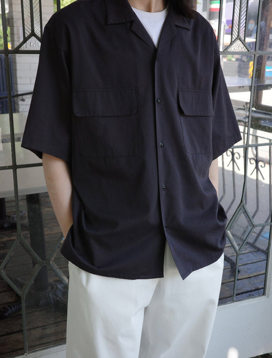 Y Organic Cotton Washer Satin Open Collar Shirt - Navy