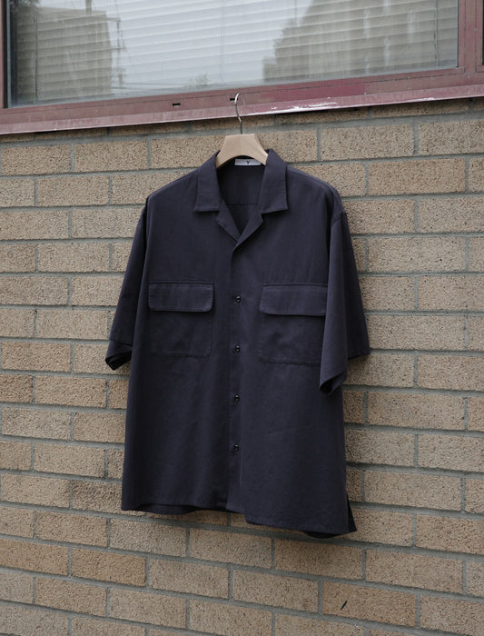 Y Organic Cotton Washer Satin Open Collar Shirt - Navy