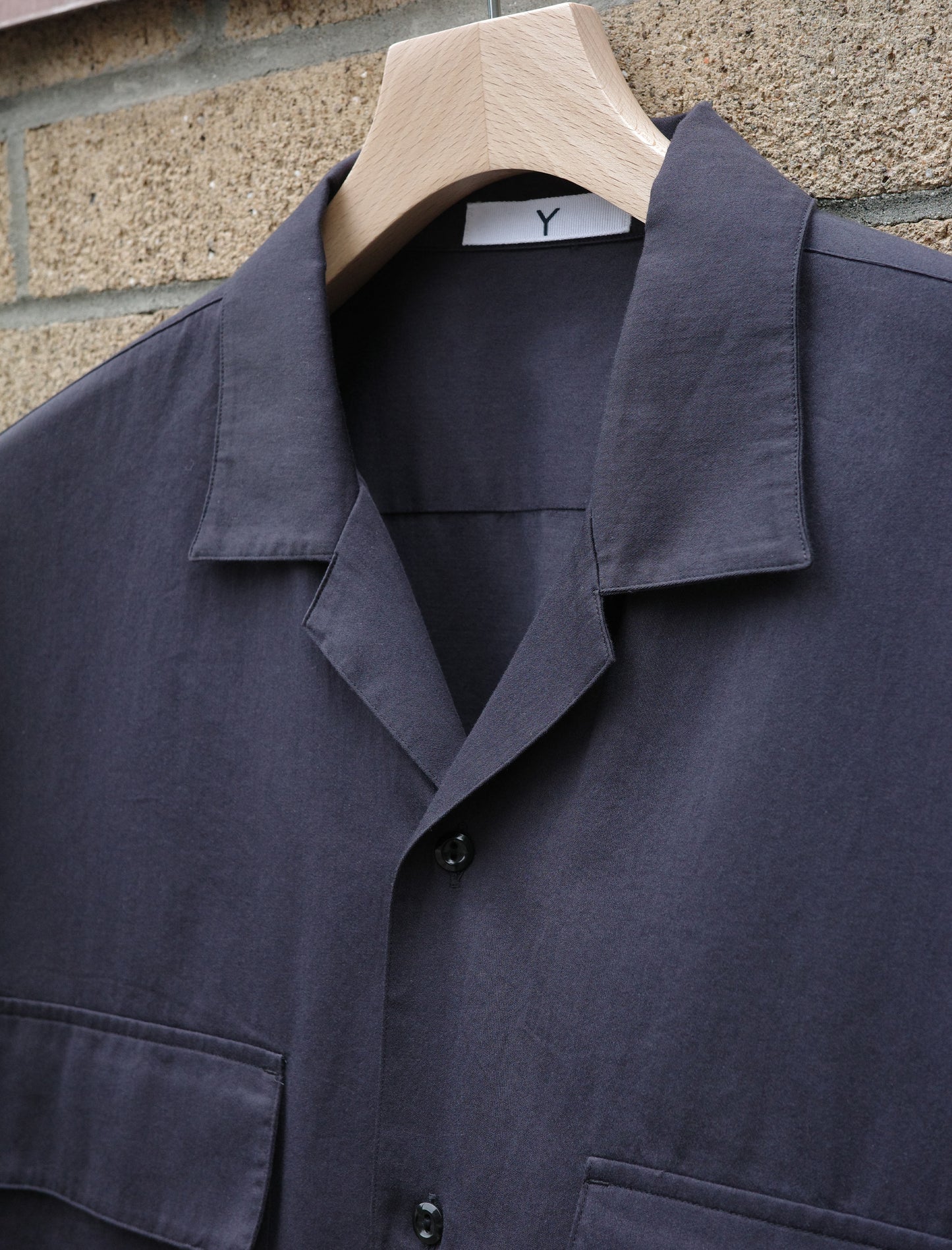 Y Organic Cotton Washer Satin Open Collar Shirt - Navy