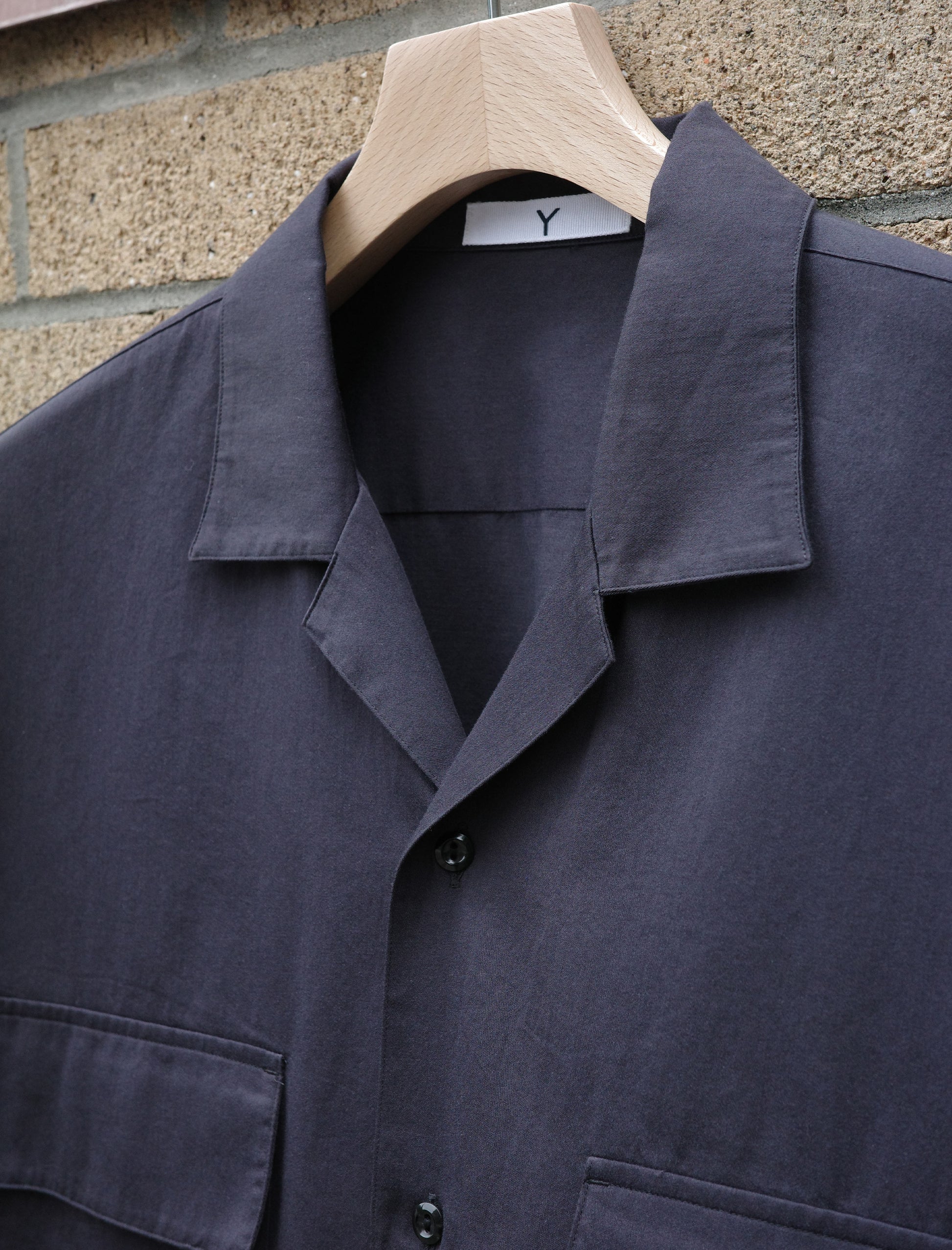 Y Organic Cotton Washer Satin Open Collar Shirt - Navy