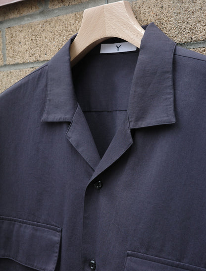 Y Organic Cotton Washer Satin Open Collar Shirt - Navy
