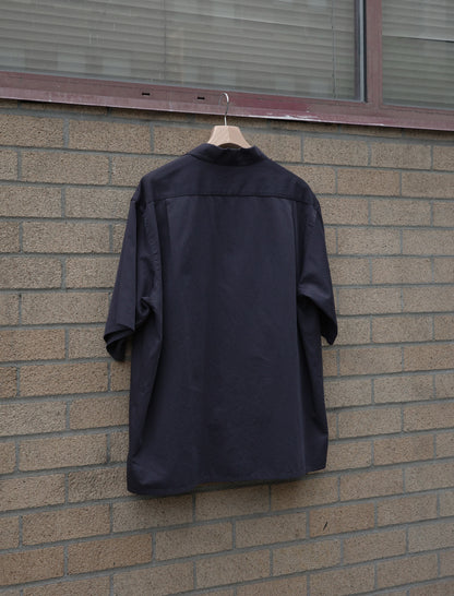 Y Organic Cotton Washer Satin Open Collar Shirt - Navy