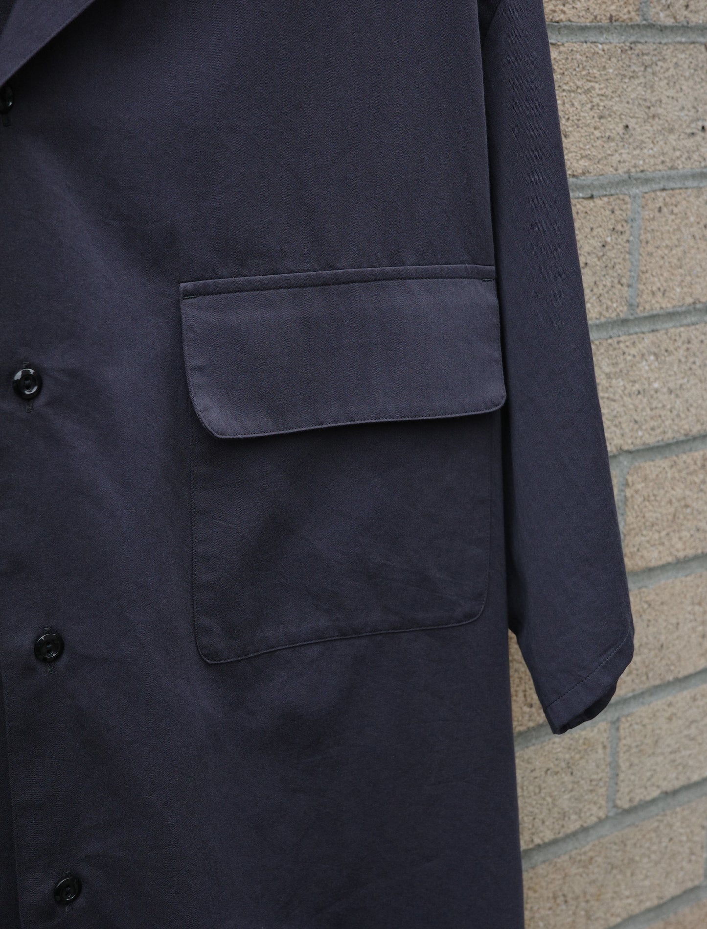Y Organic Cotton Washer Satin Open Collar Shirt - Navy